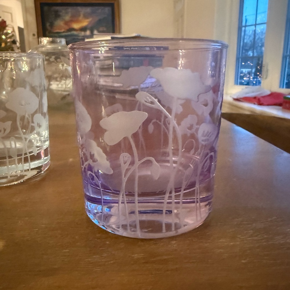 Elegant Floral Etched Glass Tumbler Set - Yellow, Pink, Purple, Clear